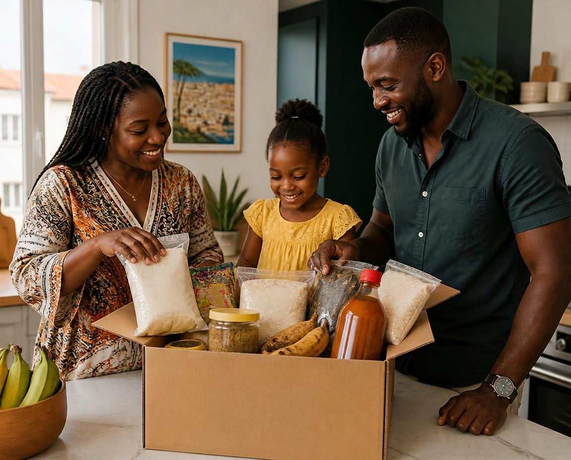 Une famille déballe son pack Akiba Marché de produits africains dans sa cuisine à Nantes